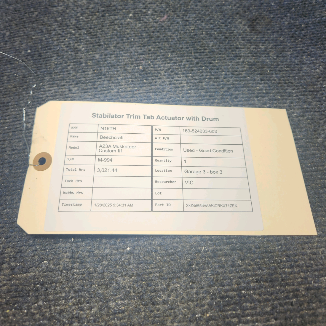 Used aircraft parts for sale, 169-524033-603 Beechcraft A23A Musketeer Custom III STABILATOR TRIM TAB ACTUATOR WITH DRUM
