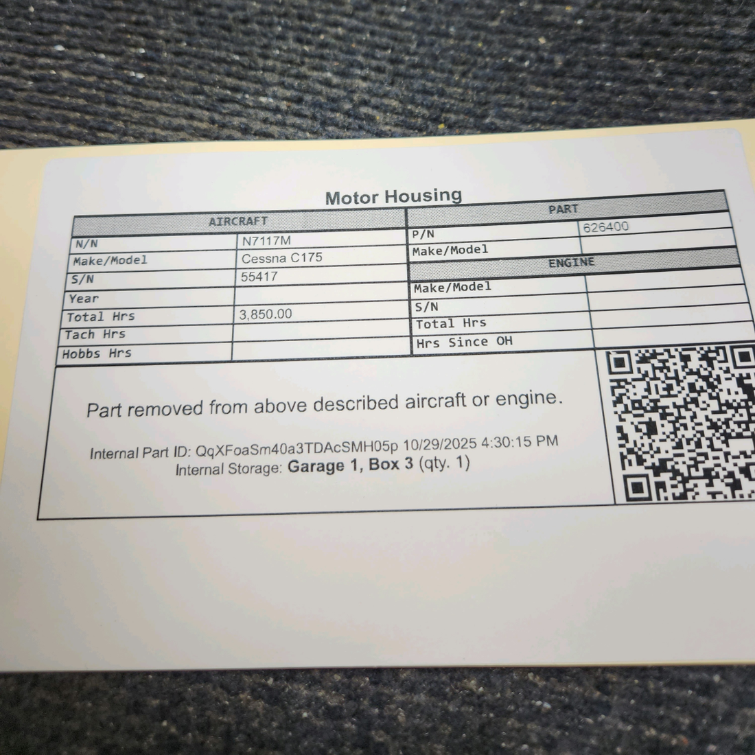Used aircraft parts for sale, 626400 Continental GO-300 Cessna C175 Motor Housing