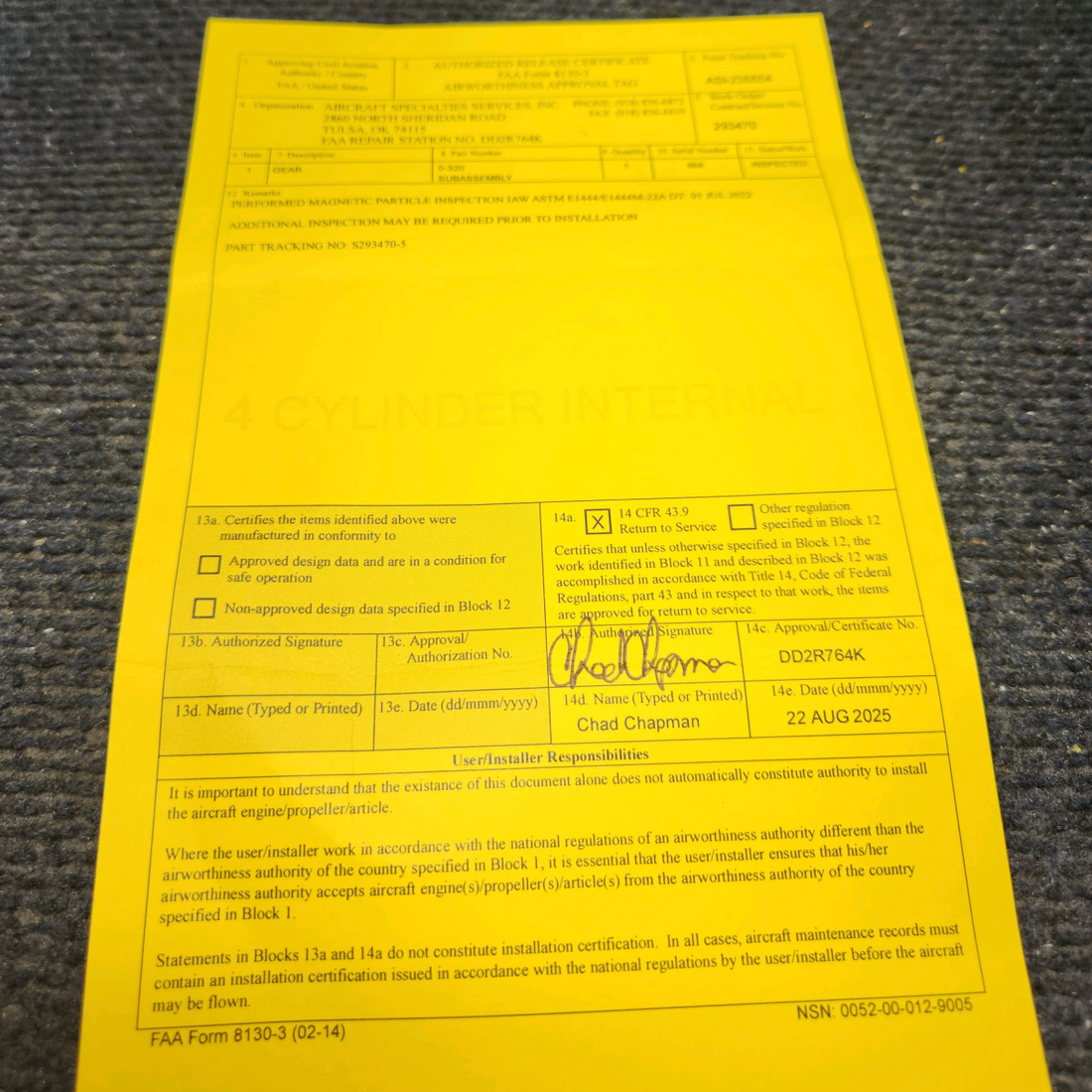 Used aircraft parts for sale, 74996 Lycoming O-320 Piper PA28-140 Crankshaft Idler