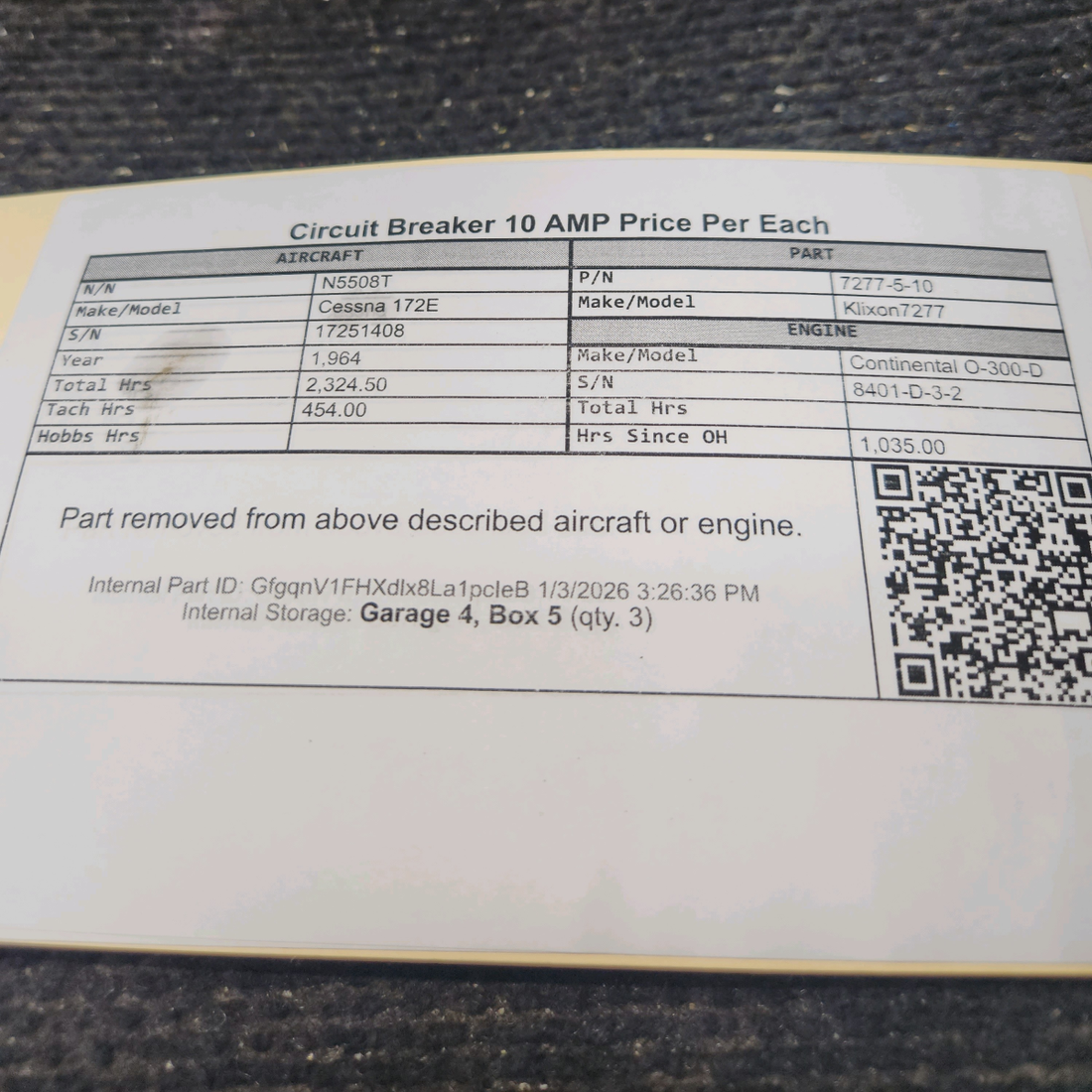 Used aircraft parts for sale, 7277-5-10 Klixon 7277 Cessna 172E Circuit Breaker 10 AMP Price Per Each