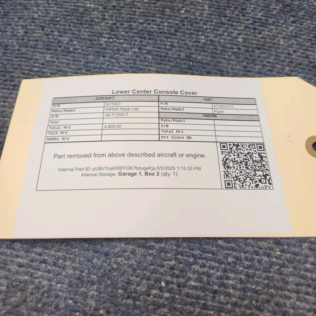 Used aircraft parts for sale, 67330-010 PIPER PA28-140 Lower Center Console Cover