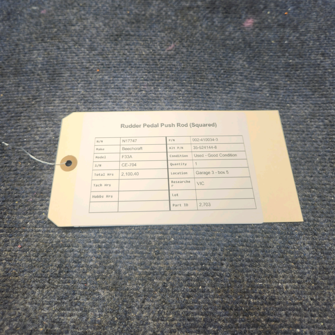 Used aircraft parts for sale, 002-410034-3 Beechcraft F33A RUDDER PEDAL PUSH ROD (SQUARED)