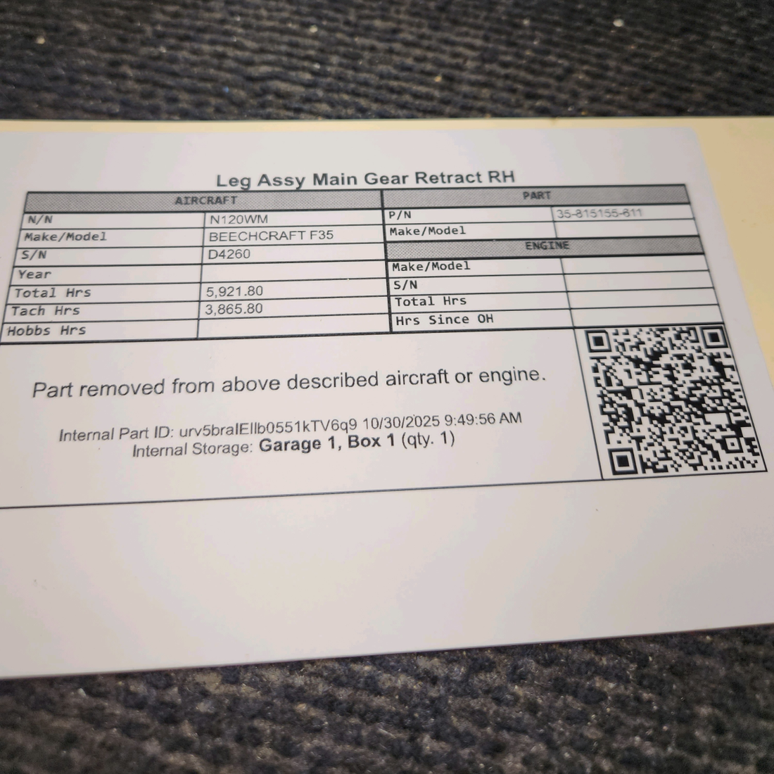 Used aircraft parts for sale, 35-815155-611 BEECHCRAFT F35 Leg Assy Main Gear Retract - RH