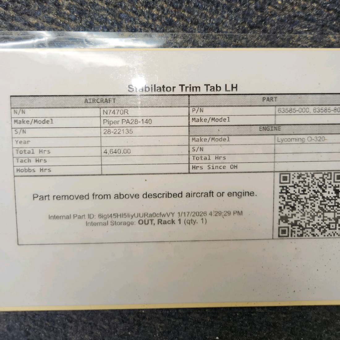 Used aircraft parts for sale, 63585-000 Piper PA28-140 Stabilator Trim Tab LH