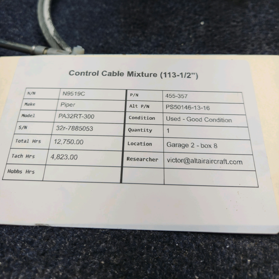 Used aircraft parts for sale, 455-357 Piper PA32RT-300 CONTROL CABLE MIXTURE (113-1/2")