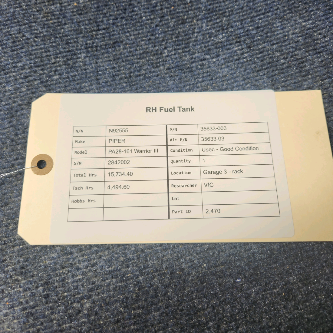 Used aircraft parts for sale, 35633-003 PIPER PA28-161 Warrior III RH FUEL TANK SENDER NOT INCLUDE