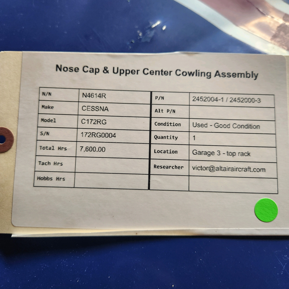 Used aircraft parts for sale, 2452004-1 / 2452000-3 CESSNA C172RG NOSE CAP & UPPER CENTER COWLING ASSEMBLY