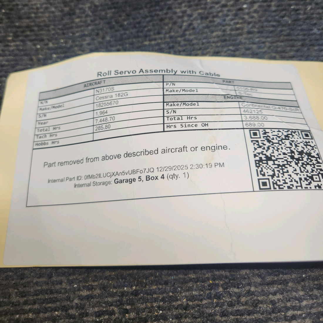 Used aircraft parts for sale, 0105-R9 S-Tec Cessna 182G Roll Servo Assembly with Cable