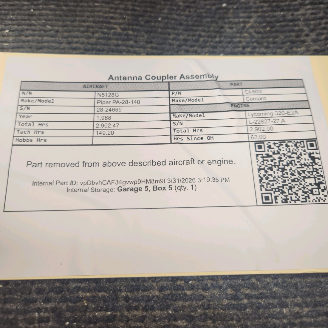 Used aircraft parts for sale, CI-503 Comant Piper PA-28-140 Antenna Coupler Assembly