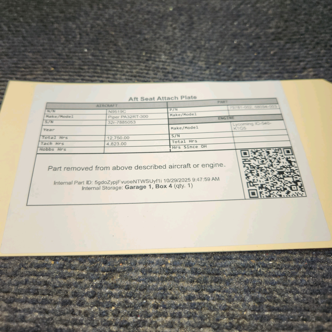 Used aircraft parts for sale, 79781-002 Piper PA32RT-300 Aft Seat Attach Plate