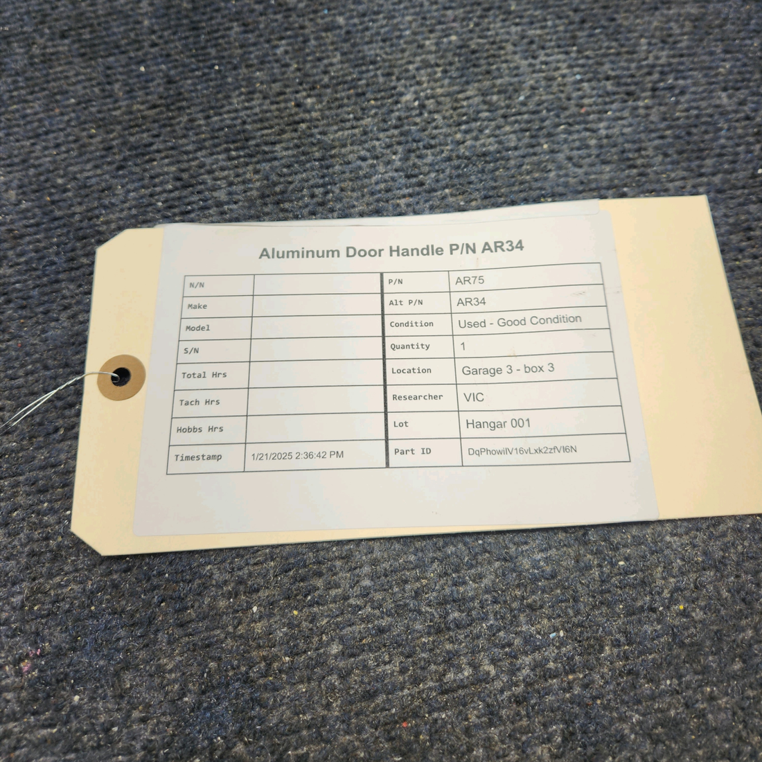 Used aircraft parts for sale, AR75 ALUMINUM DOOR HANDLE P/N AR34