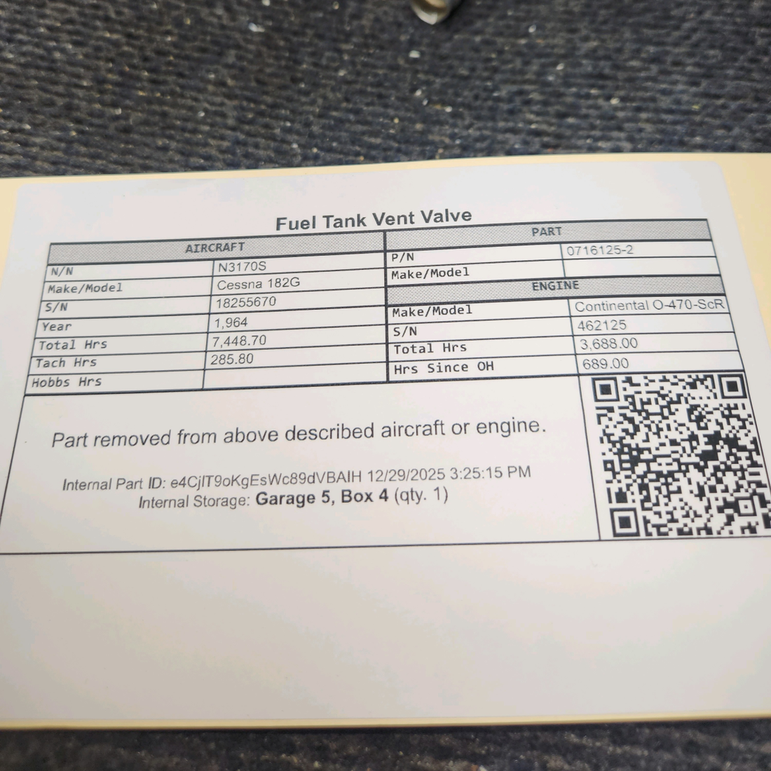 Used aircraft parts for sale, 0716125-2 Cessna 182G Fuel Tank Vent Valve