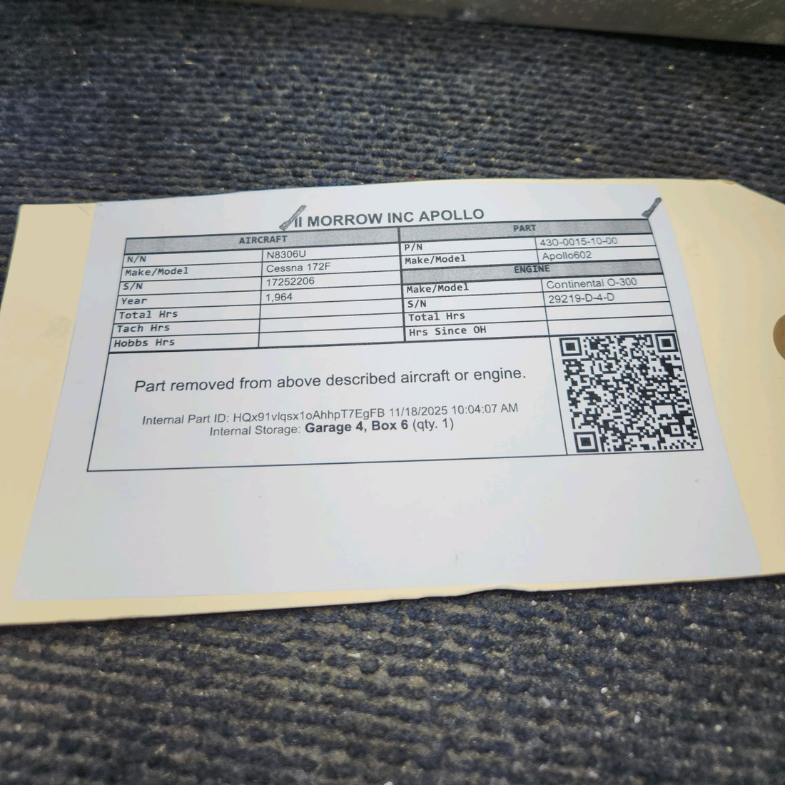 Used aircraft parts for sale, 430-0015-10-00 Apollo 602 Cessna 172F II Morrow Inc. Apollo