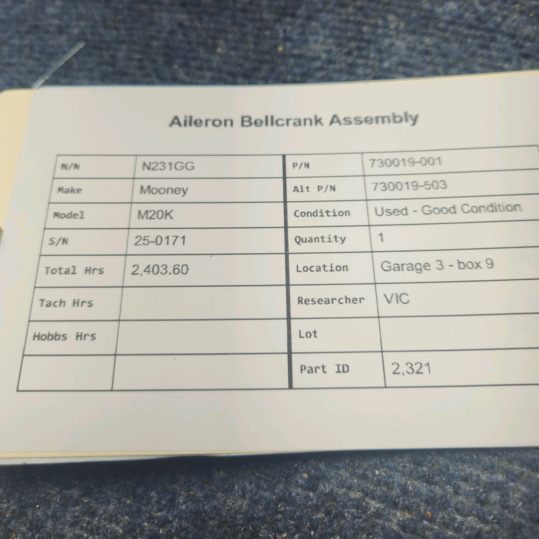 Used aircraft parts for sale, 730019-001 Mooney M20K AILERON BELLCRANK ASSEMBLY