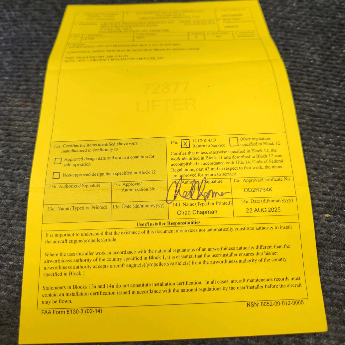 Used aircraft parts for sale, 72877 Piper PA28-140 Lifter set of 8 with 8130-1