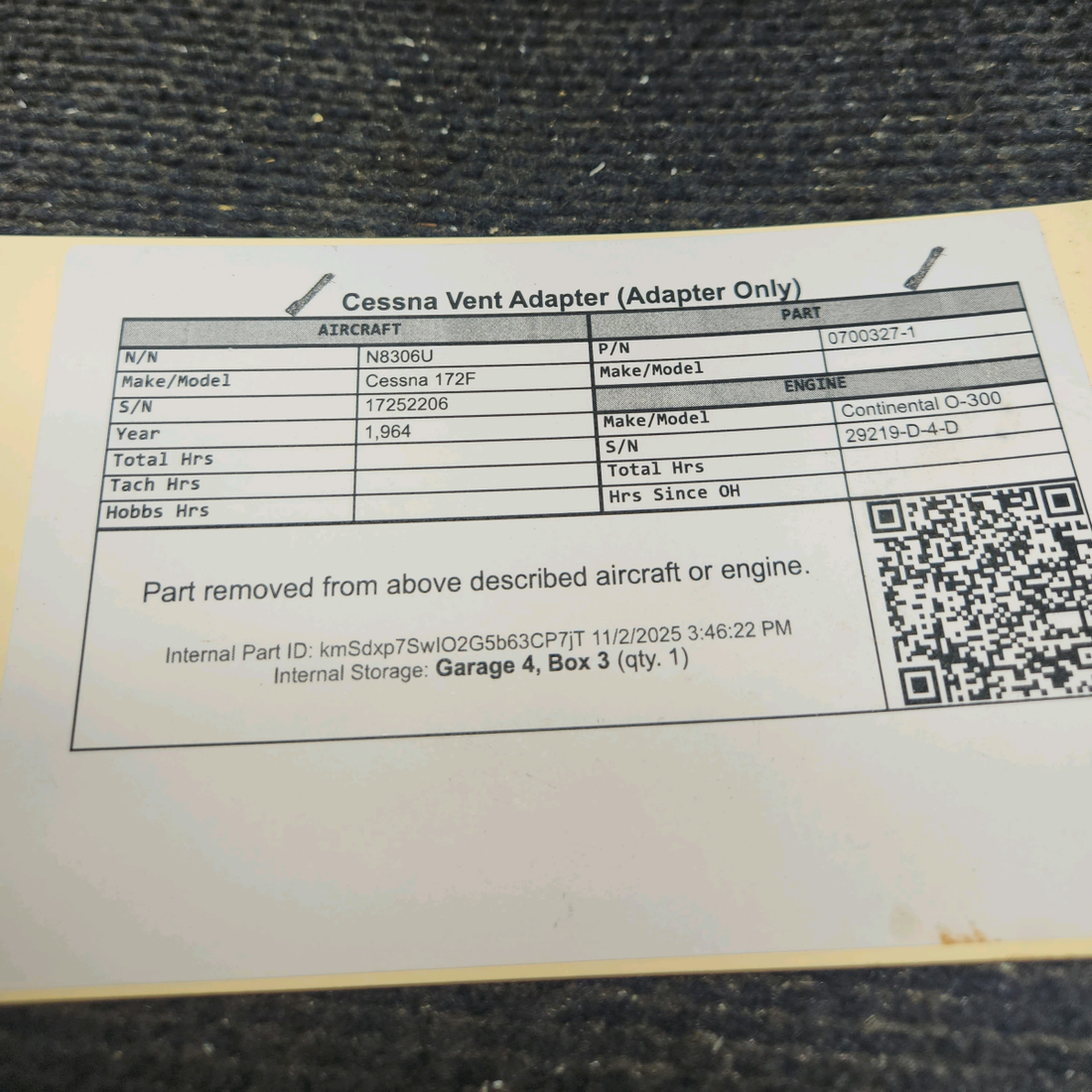 Used aircraft parts for sale, 0700327-1 Cessna 172F Cessna Vent Adapter (Adapter Only)
