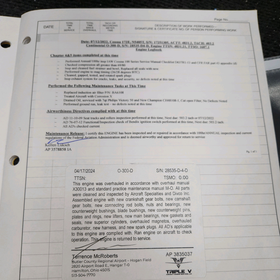 Used aircraft parts for sale, O-300-D Continental O-300-D Cessna 172E Aircraft Engine (Prop-Strike) 285OH