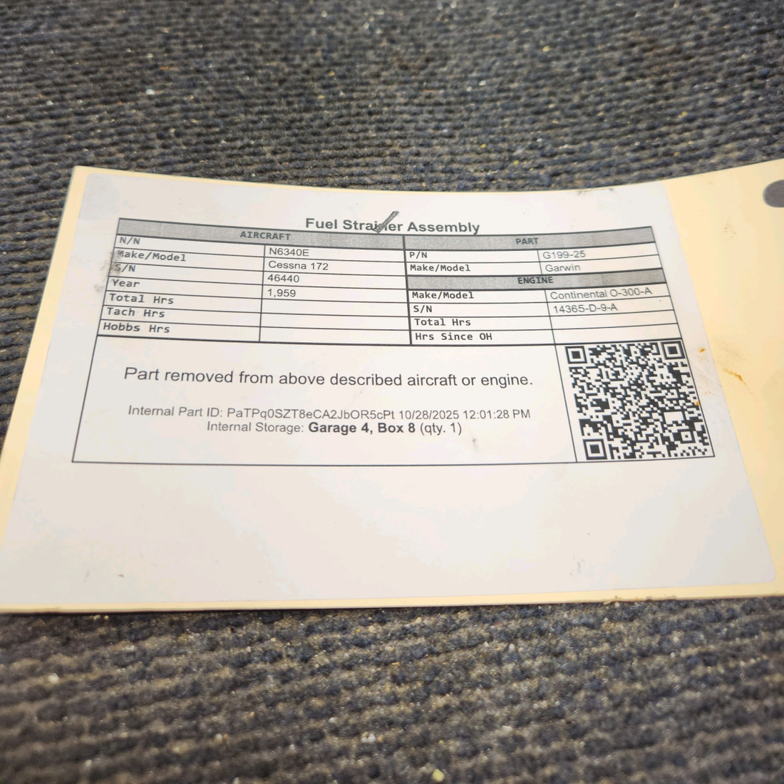 Used aircraft parts for sale, G199-25 Garwin Cessna 172 Fuel Strainer Assembly