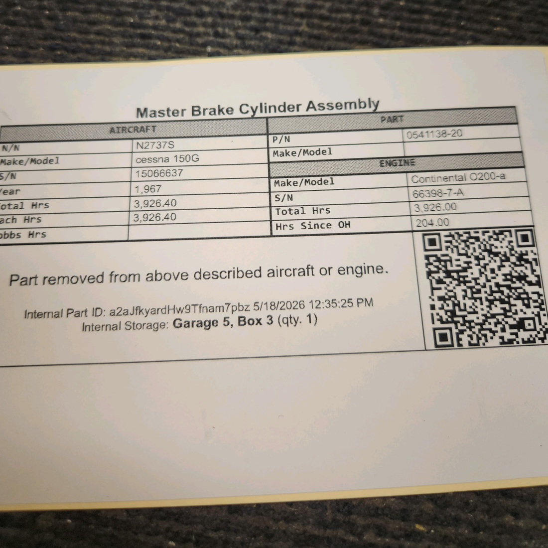 Used aircraft parts for sale, 0541138-20 cessna 150G Master Brake Cylinder Assembly