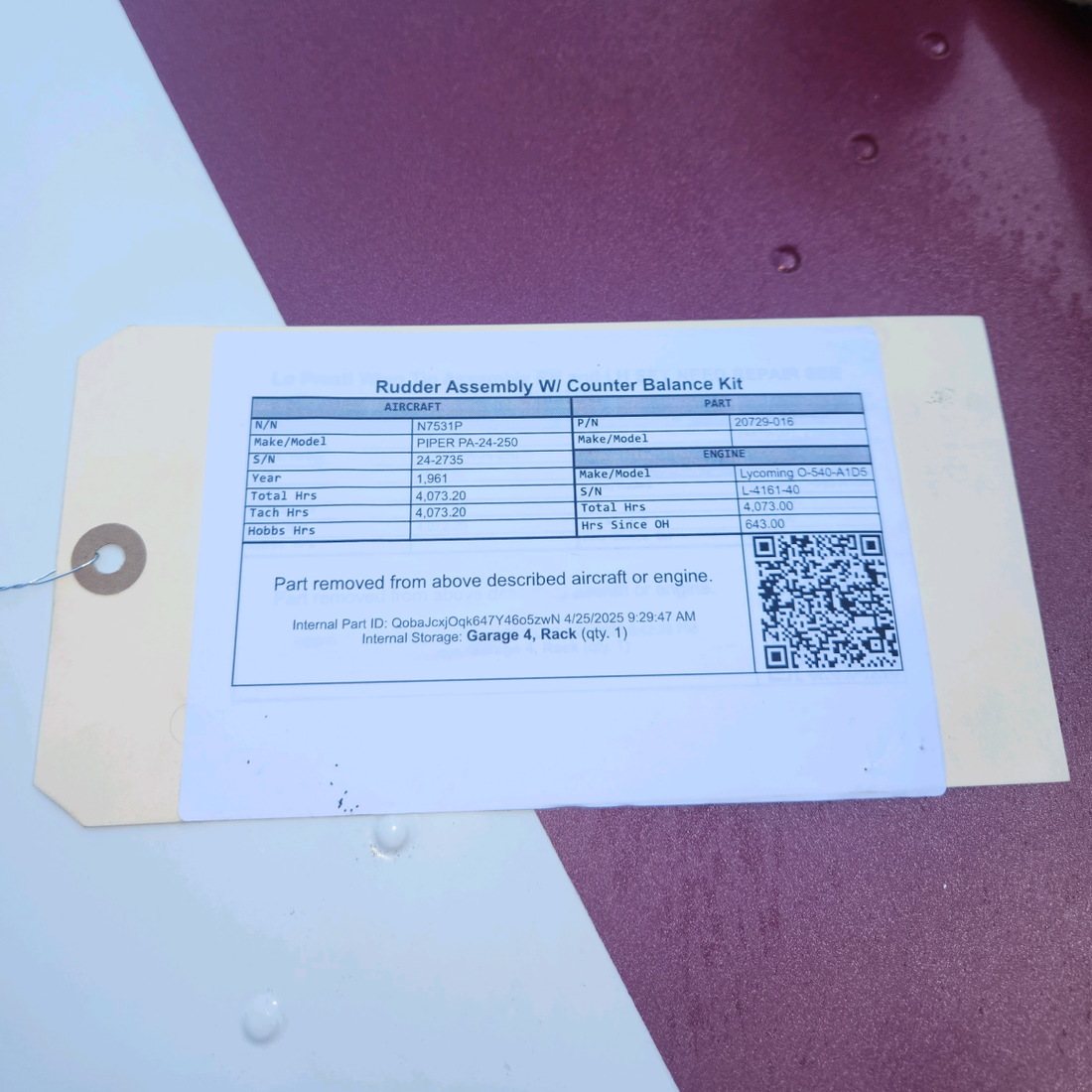 Used aircraft parts for sale, 20729-016 PIPER PA-24-250 Rudder Assembly W/ Counter Balance Kit