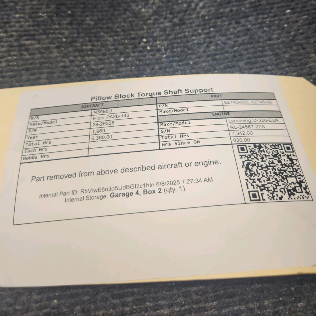 Used aircraft parts for sale, 62745-000 Piper PA28-140 Pillow Block Torque Shaft Support