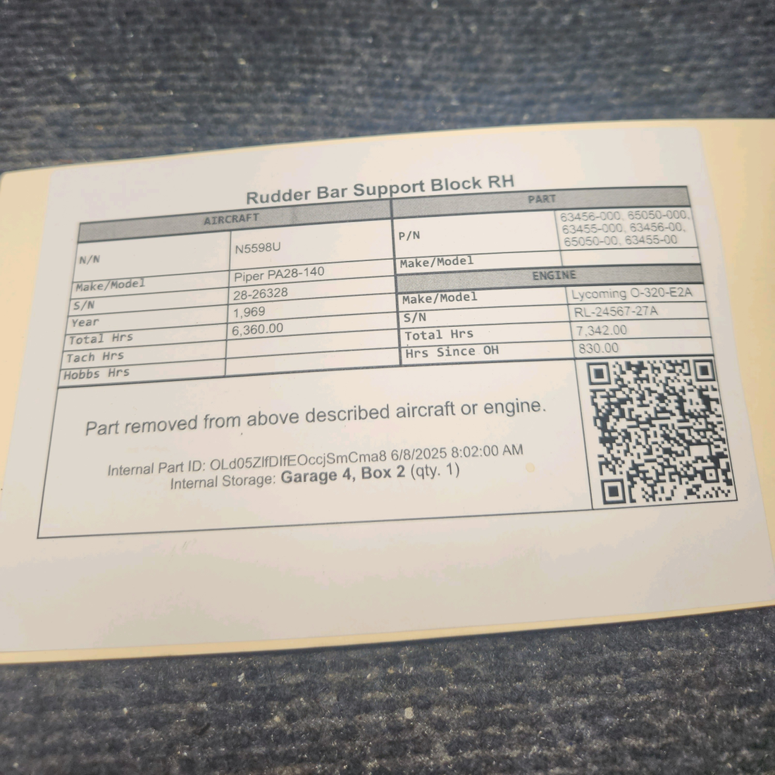 Used aircraft parts for sale, 63456-000, 65050-000, 63455-000 Piper PA28-140 Rudder Bar Support Block