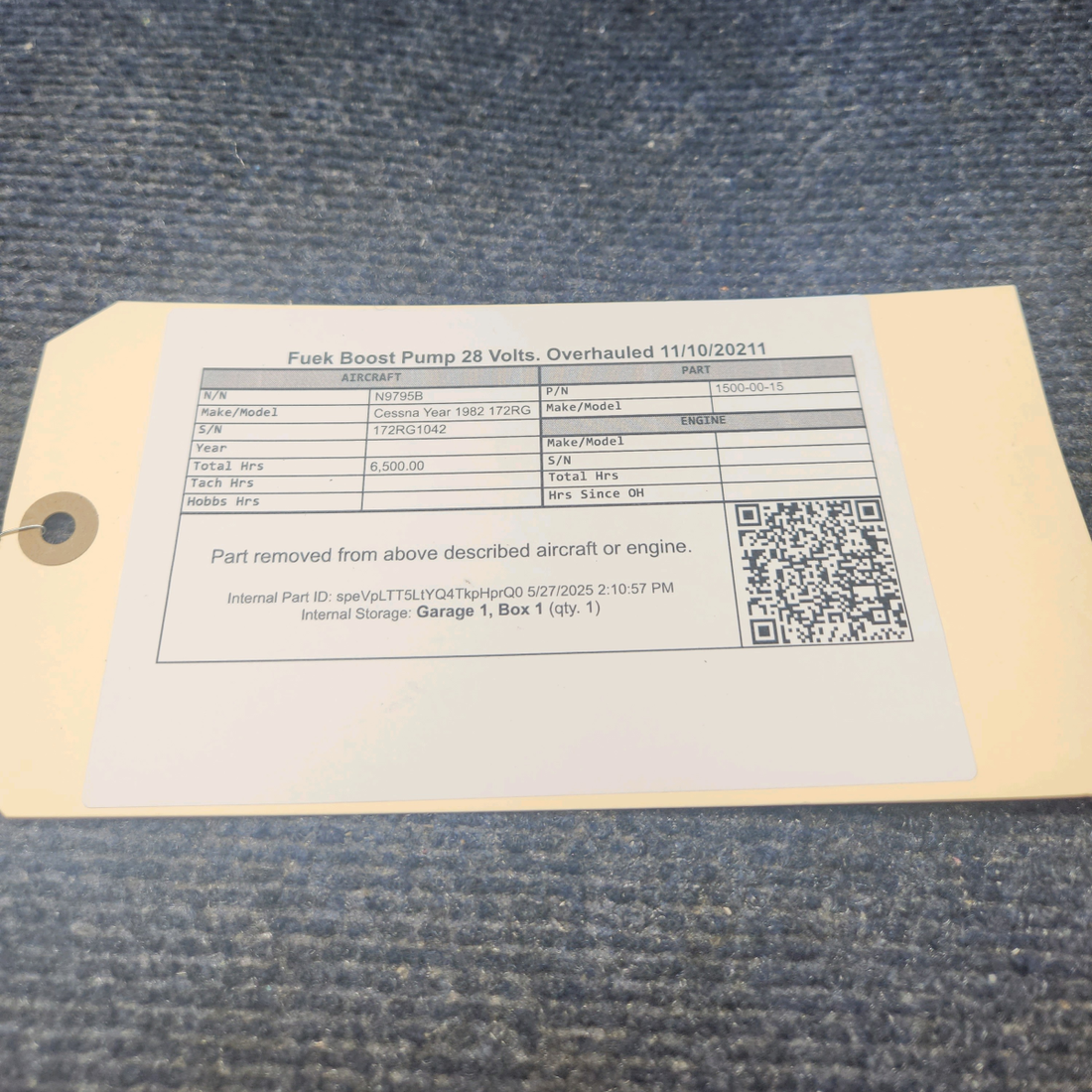 Used aircraft parts for sale, 1500-00-15 Cessna 172RG Fuel Boost Pump 28 Volts.
