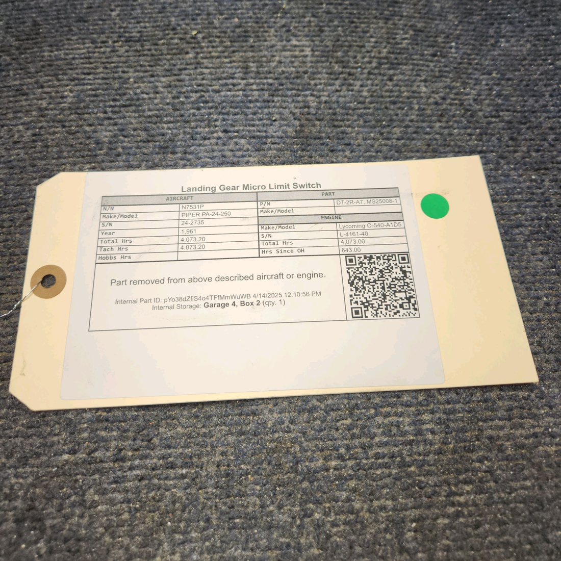 Used aircraft parts for sale, DT-2R-A7 PIPER PA-24-250 Landing Gear Micro Limit Switch