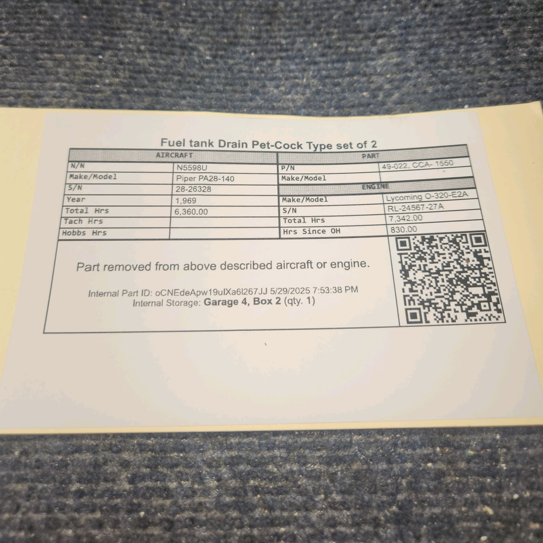 Used aircraft parts for sale, 63839-003 Piper PA28-140 Fuel Gascolator Assy. / Strainer