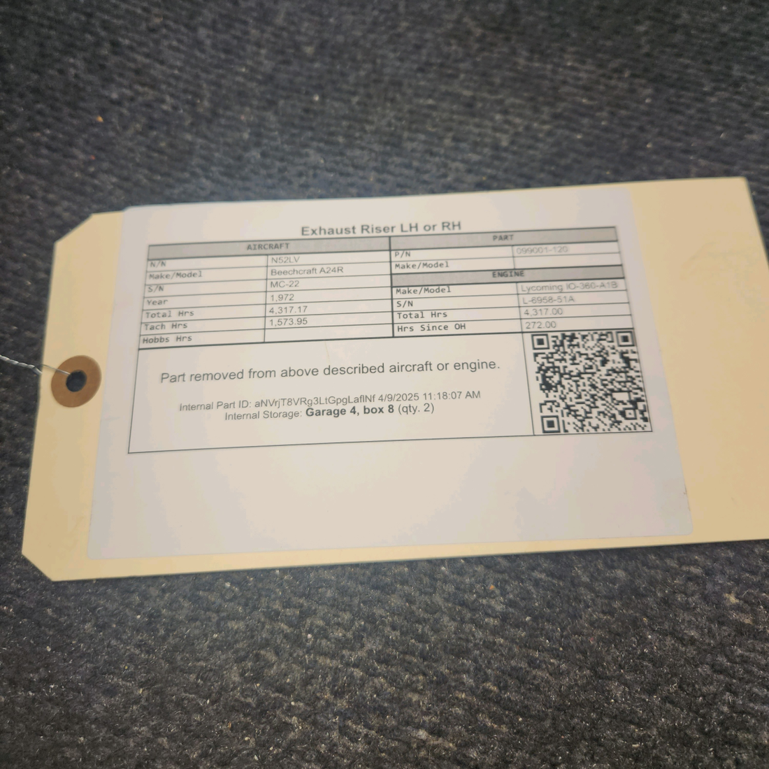 Used aircraft parts for sale, 099001-120 Beechcraft A24R Exhaust Riser LH or RH