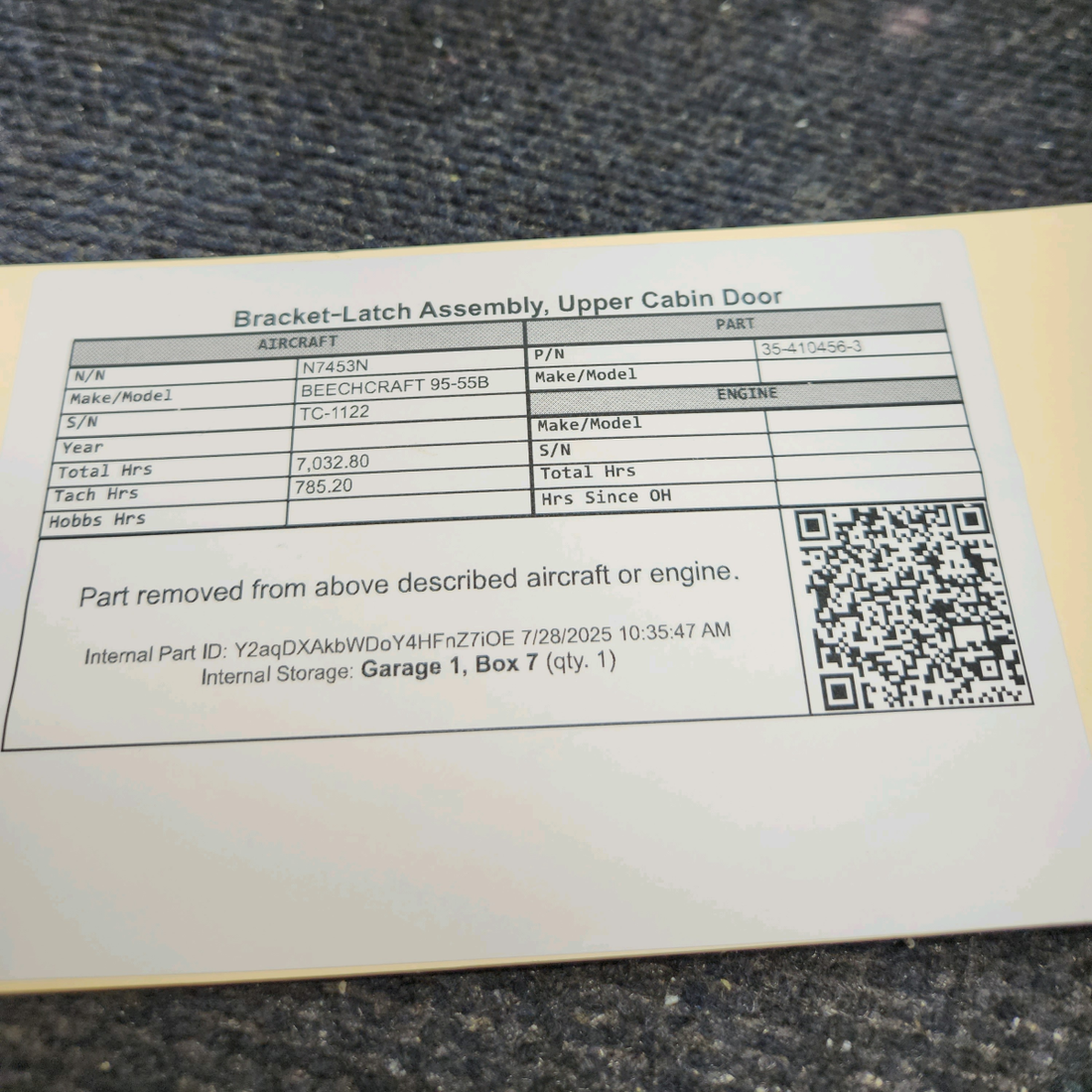 Used aircraft parts for sale, 35-410456-3 BEECHCRAFT 95-55B Upper Latch Bracket Assembly