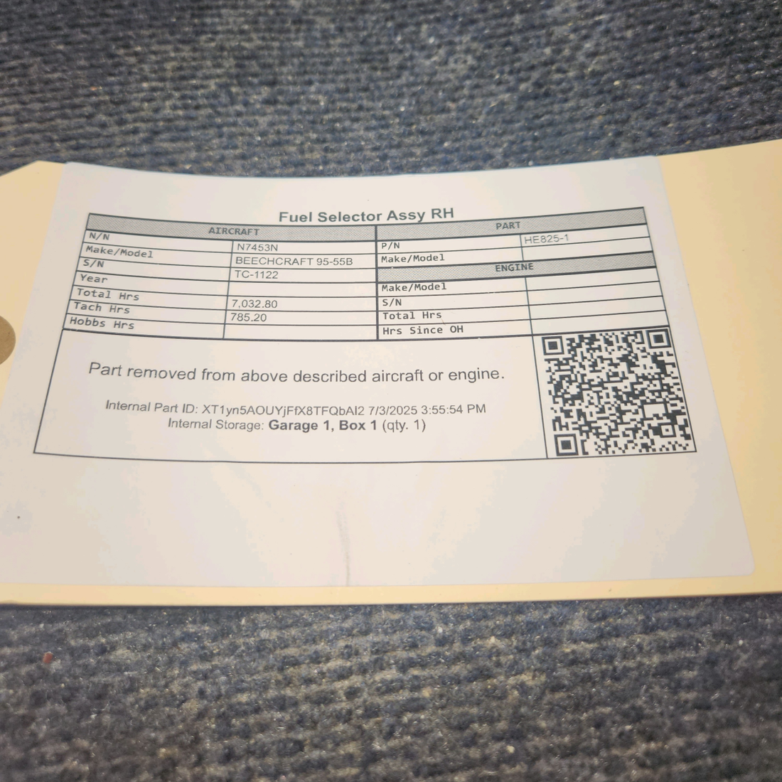 Used aircraft parts for sale, HE825-1 BEECHCRAFT 95-55B Fuel Selector Assy - RH