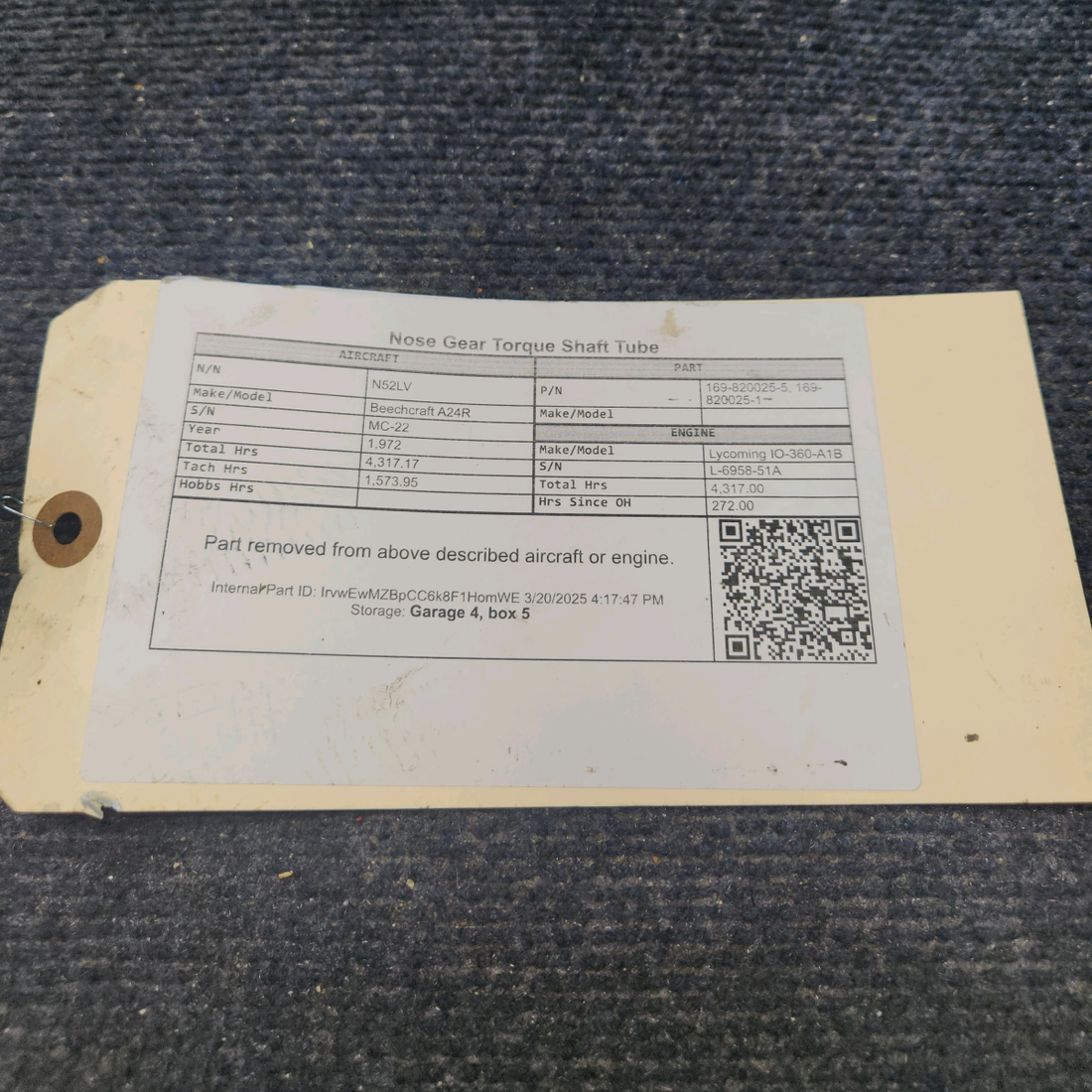 Used aircraft parts for sale, 169-820025-5 Beechcraft A24R Nose Gear Torque Shaft Tube