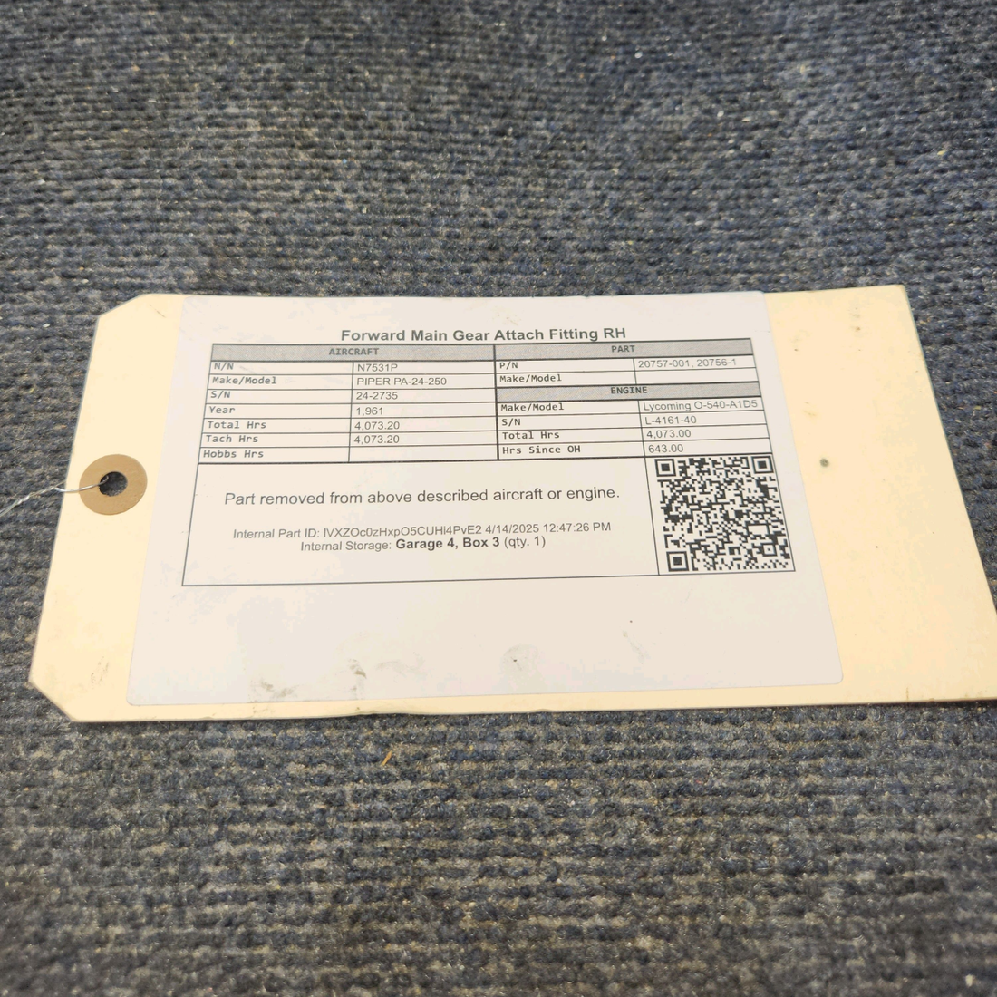 Used aircraft parts for sale, 20757-001 PIPER PA-24-250 Forward Main Gear Attach Fitting RH