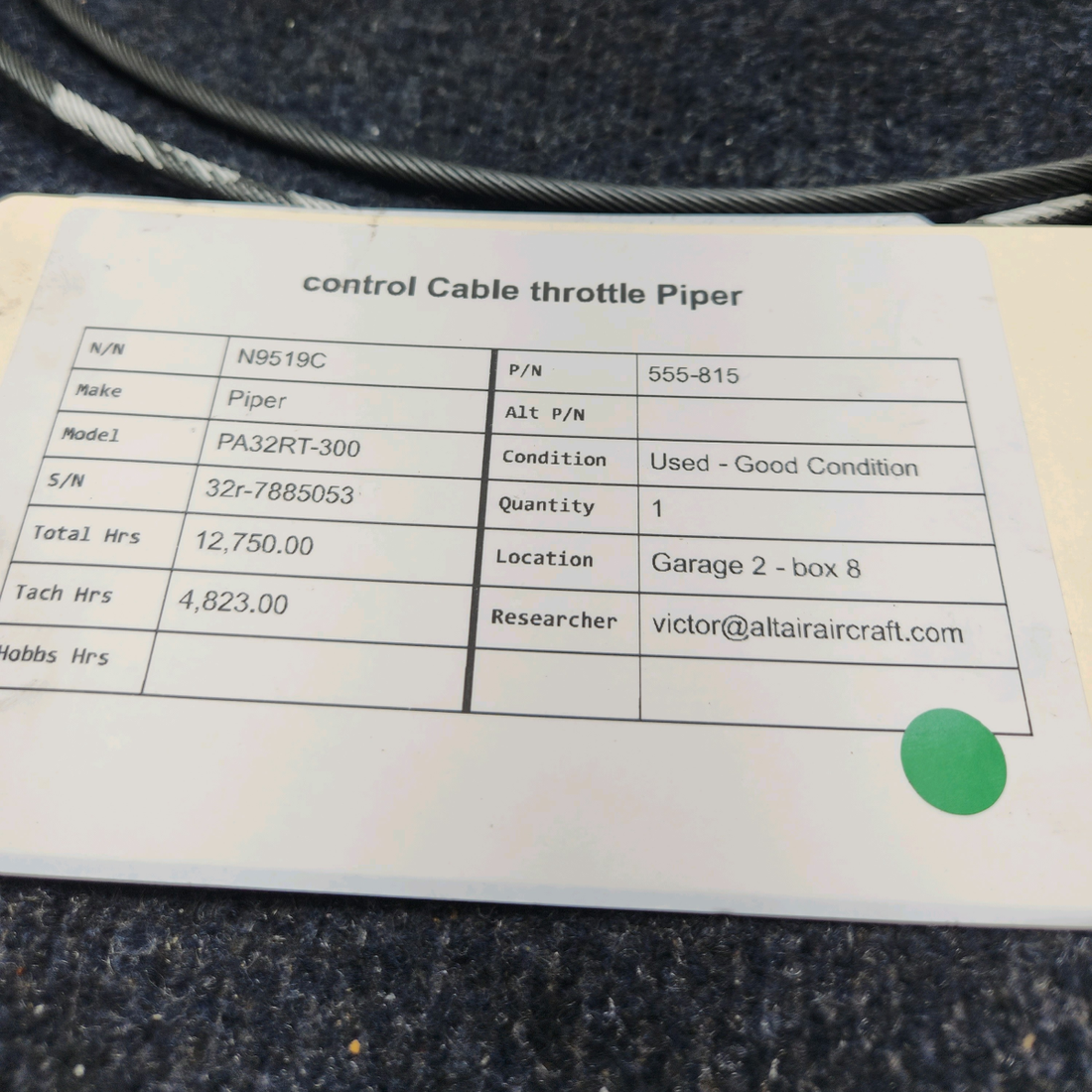 Used aircraft parts for sale, 555-815 Piper PA32RT-300 CONTROL CABLE THROTTLE PIPER