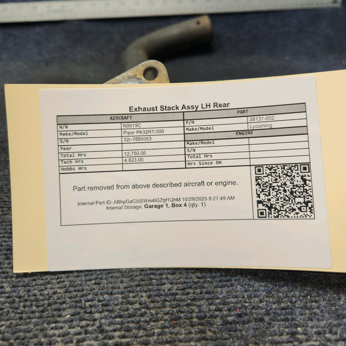 Used aircraft parts for sale, 38137-002 Lycoming IO-540-K1G5D Piper PA32RT-300 Exhaust Stack Assy LH Rear