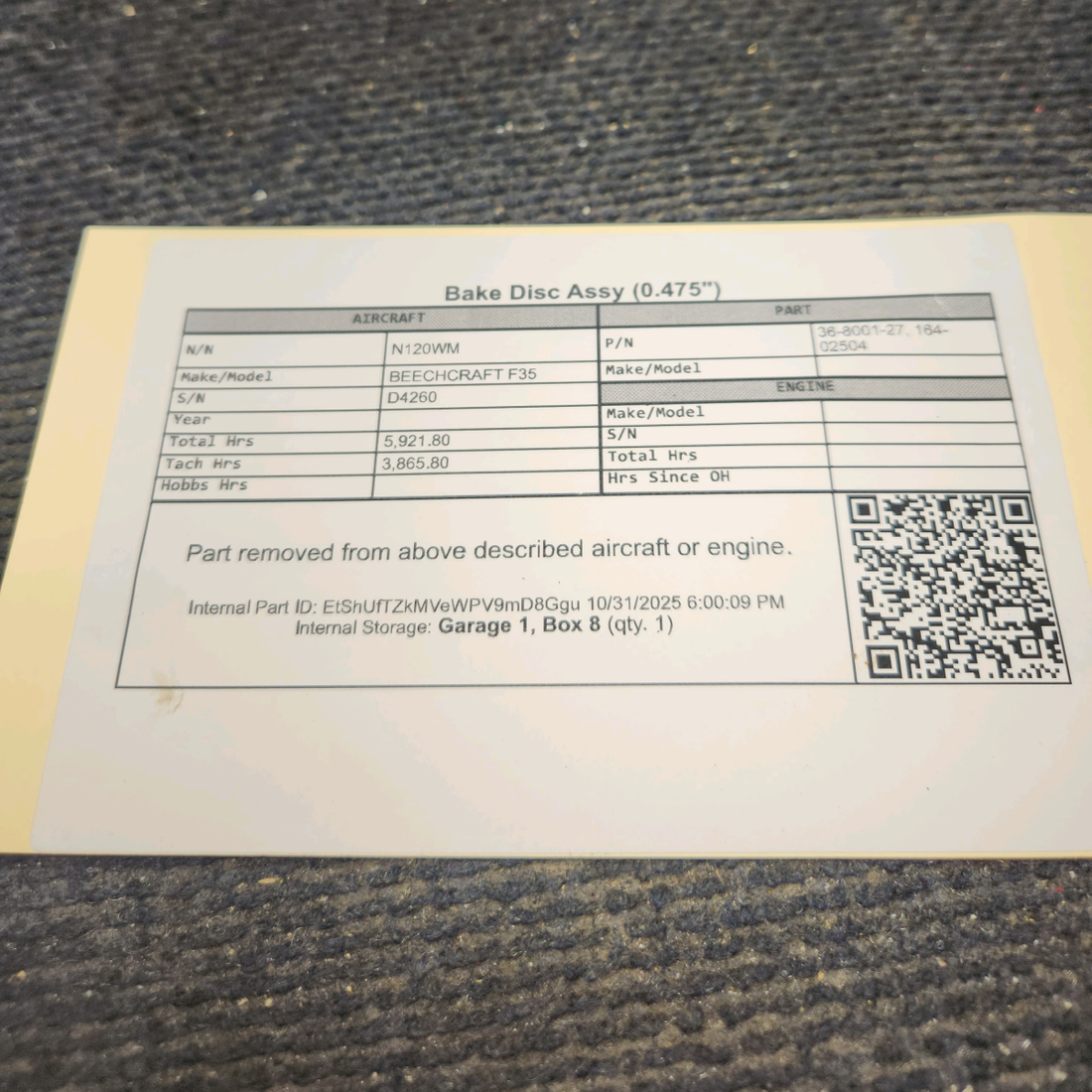Used aircraft parts for sale, 36-8001-27 BEECHCRAFT F35 Brake Disc Assy (0.475")
