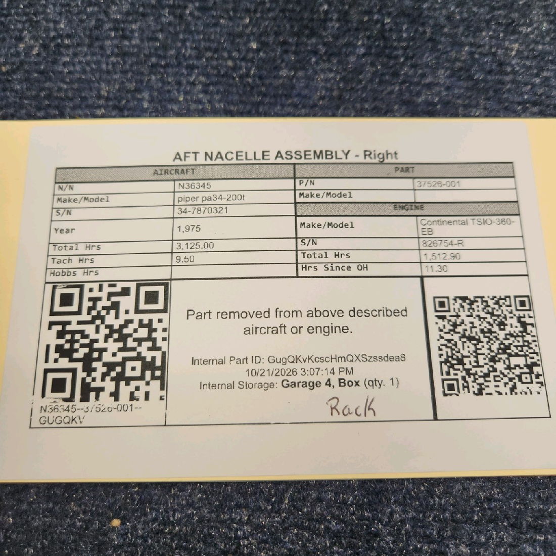 Used aircraft parts for sale, 37526-001 piper pa34-200t Aft Nacelle Assembly – RH