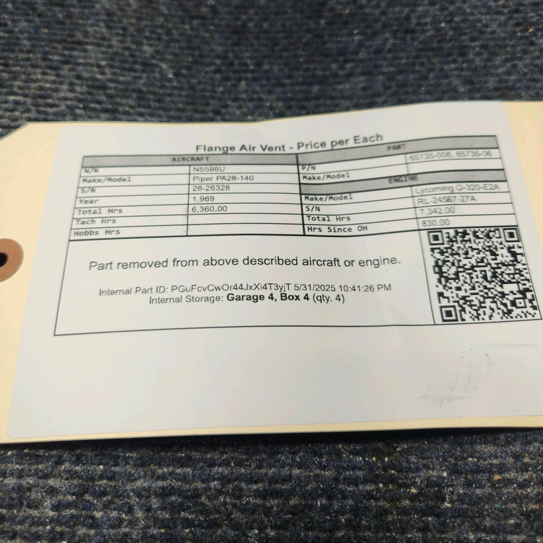 Used aircraft parts for sale, 65735-006 Piper PA28-140 Flange Air Vent - Price per Each