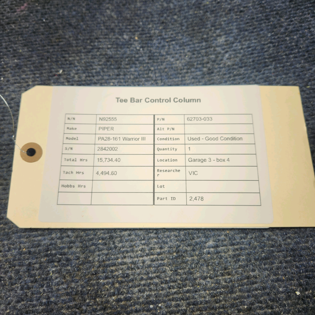 Used aircraft parts for sale, 62703-033 PIPER PA28-161 Warrior III TEE BAR CONTROL COLUMN