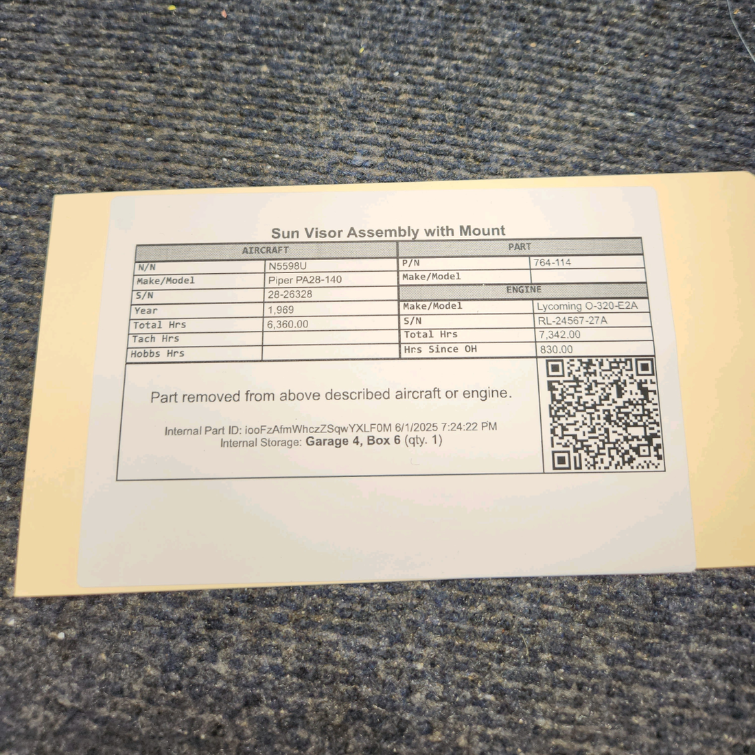 Used aircraft parts for sale, 764-114 Piper PA28-140 Sun Visor Assembly with Mount