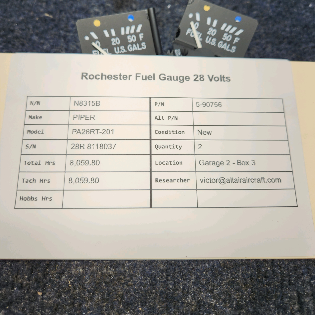Used aircraft parts for sale, 5-90756 PIPER PA28RT-201 ROCHESTER FUEL GAUGE 28 VOLTS PRICE PER EACH