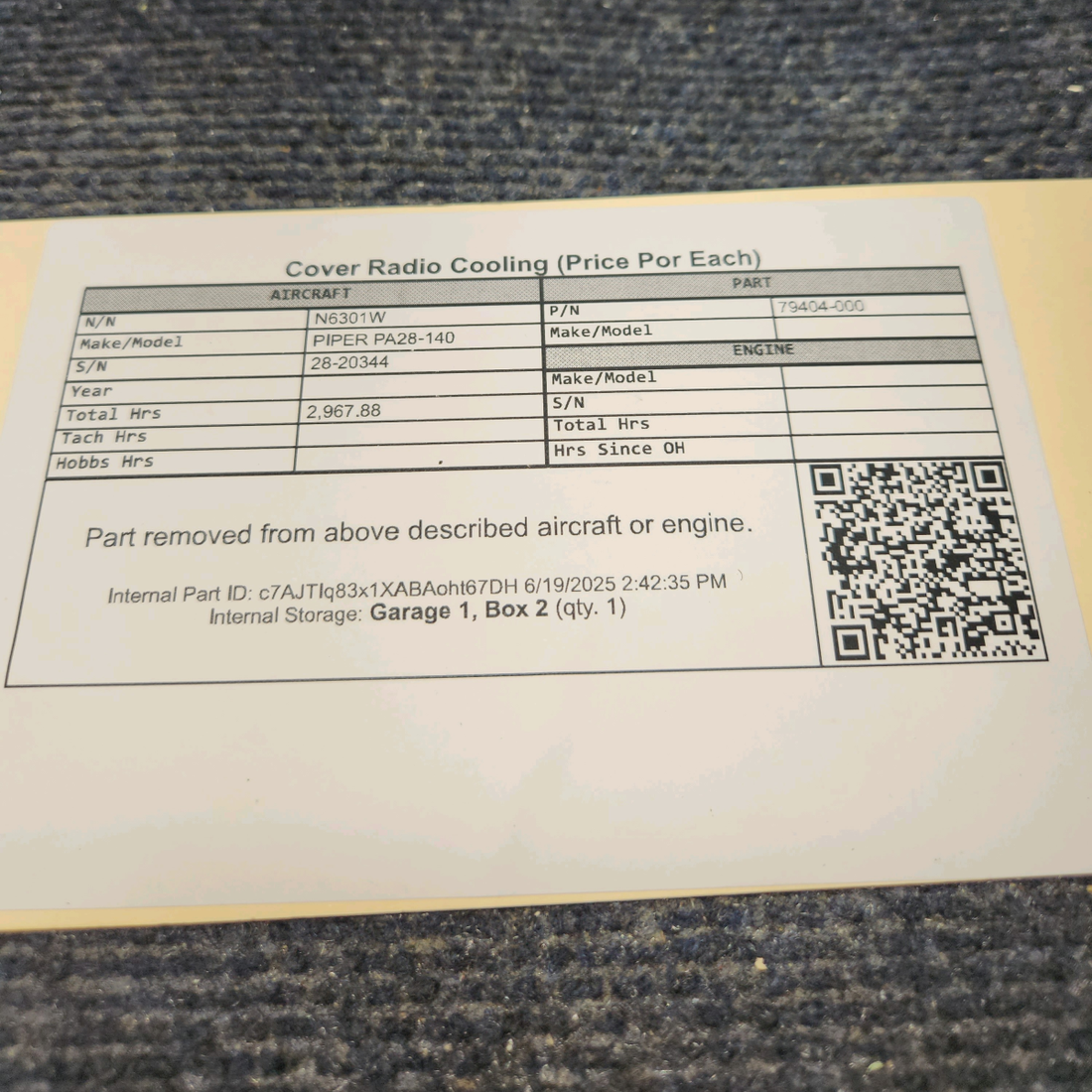 Used aircraft parts for sale, 79404-000 PIPER PA28-140 Cover Radio Cooling (Price Por  Each)
