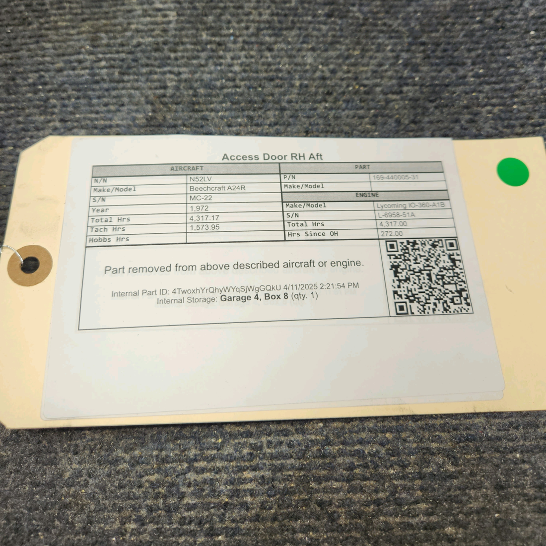 Used aircraft parts for sale, 169-440005-31 Beechcraft A24R Access Door RH Aft