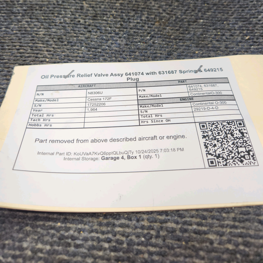 Used aircraft parts for sale, 641074, 631687, 649215 Continental O-300-D Cessna 172F Oil Pressure Relief Valve Assy 641074 with 631687 Spring & 649215 Plug