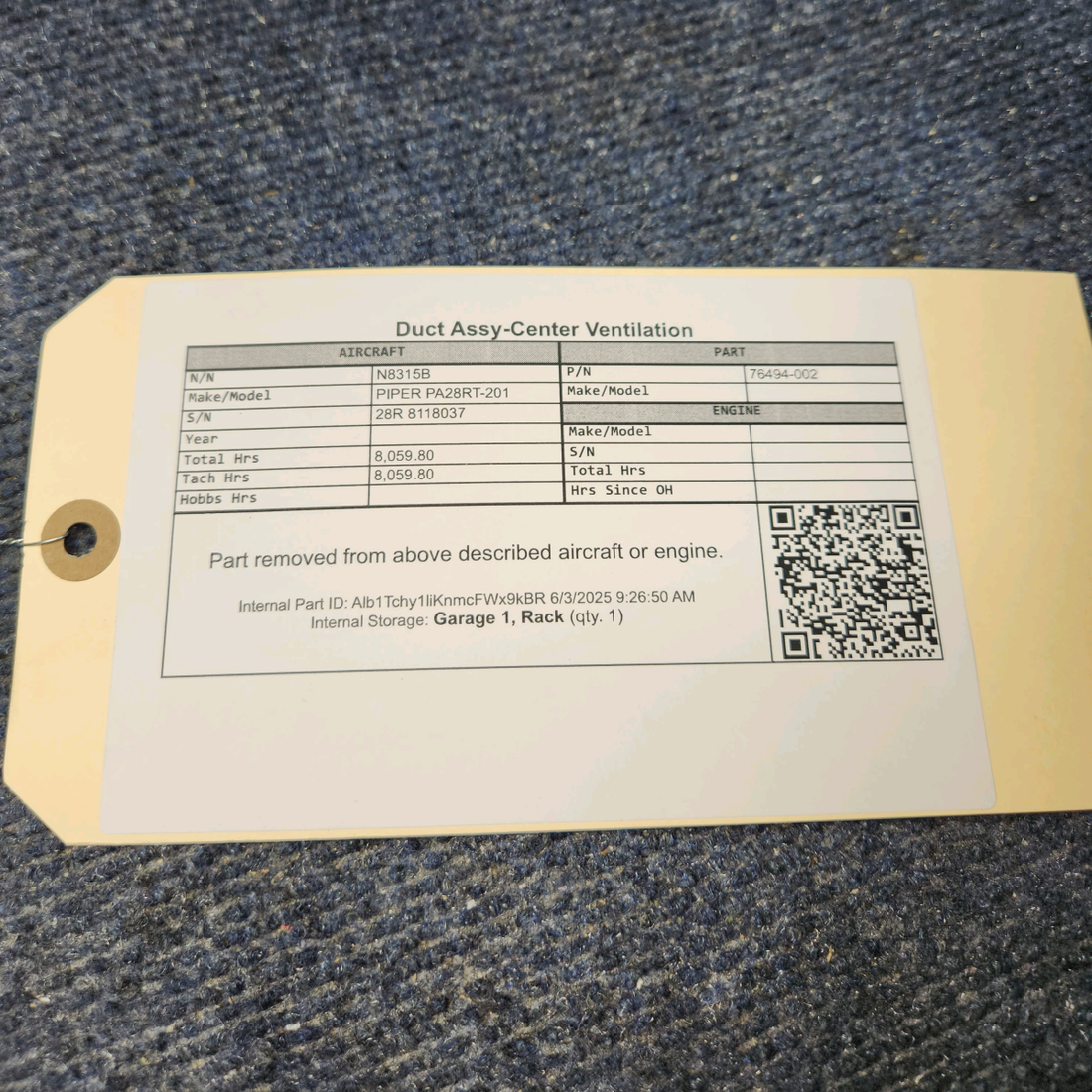 Used aircraft parts for sale, 76494-002 PIPER PA28RT-201 Duct Assy-Center Ventilation