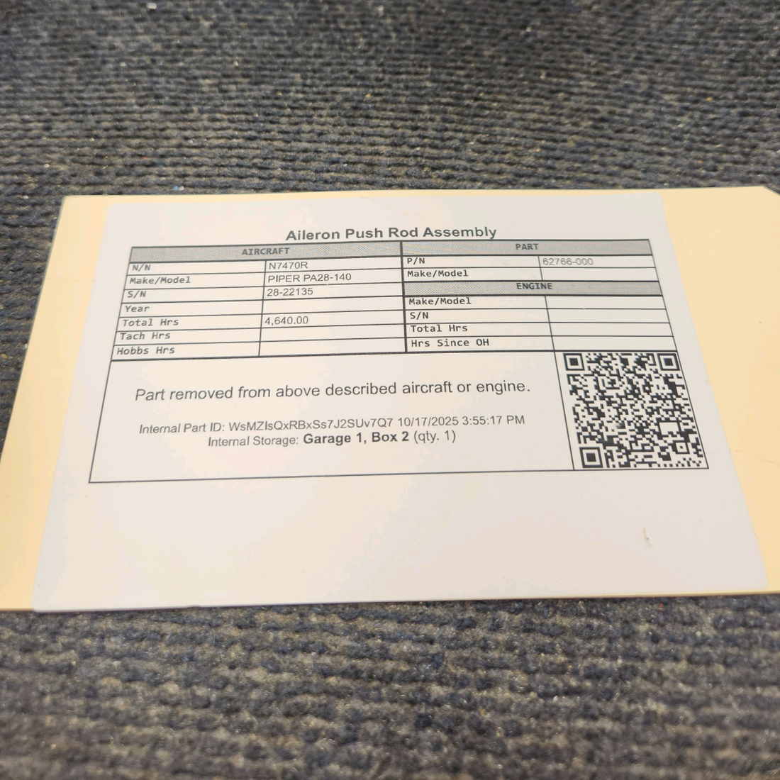 Used aircraft parts for sale, 62766-000 PIPER PA28-140 Aileron Push Rod Assembly