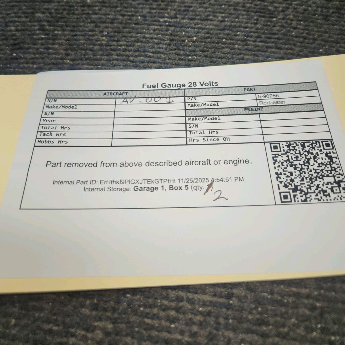 Used aircraft parts for sale, 5-90756 Rochester Piper PA-28RT-201 Fuel Gauge 28 Volts