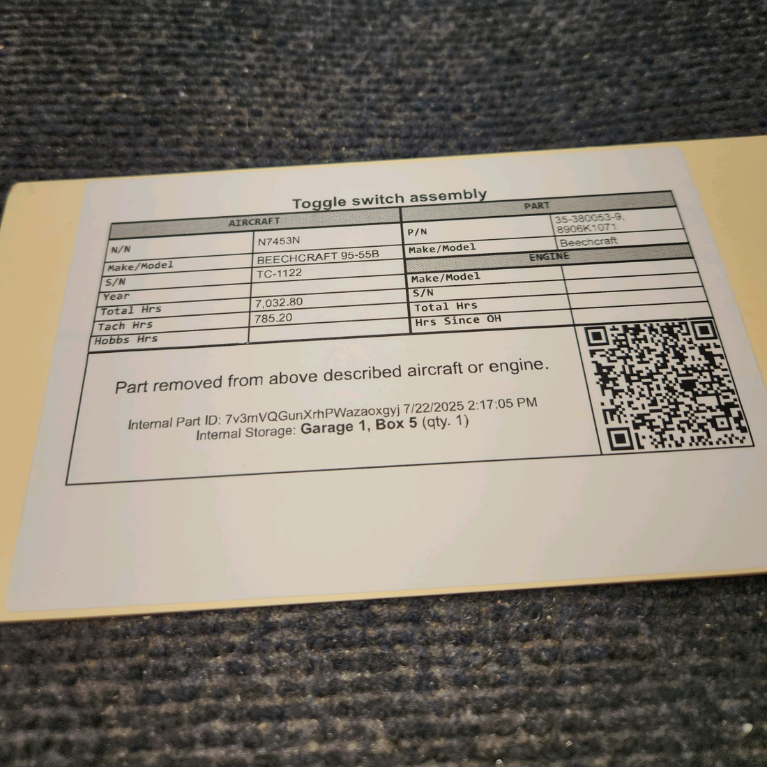 Used aircraft parts for sale, 35-380053-9 BEECHCRAFT 95-55B Toggle Switch Assembly