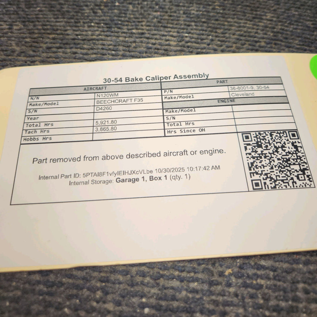 Used aircraft parts for sale, 36-8001-9 Cleveland BEECHCRAFT F35 30-54 Bake Caliper Assembly